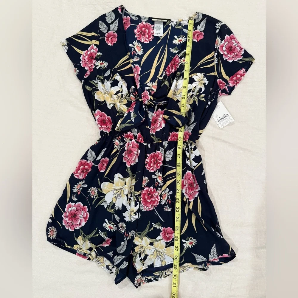 Floral V-Neck Romper - Navy and Pink - Picture 5 of 9